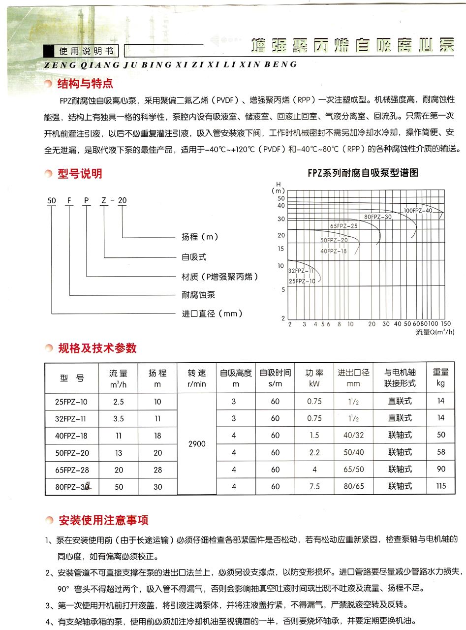 FPZ塑料自吸泵型號參數